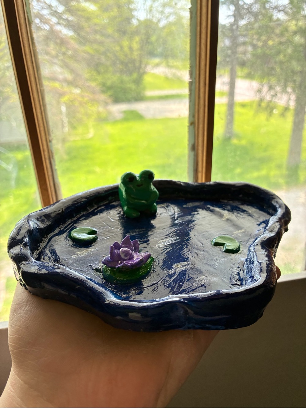 Handmade Navy Ceramic Frog Pond Dish with Green Frog Accent